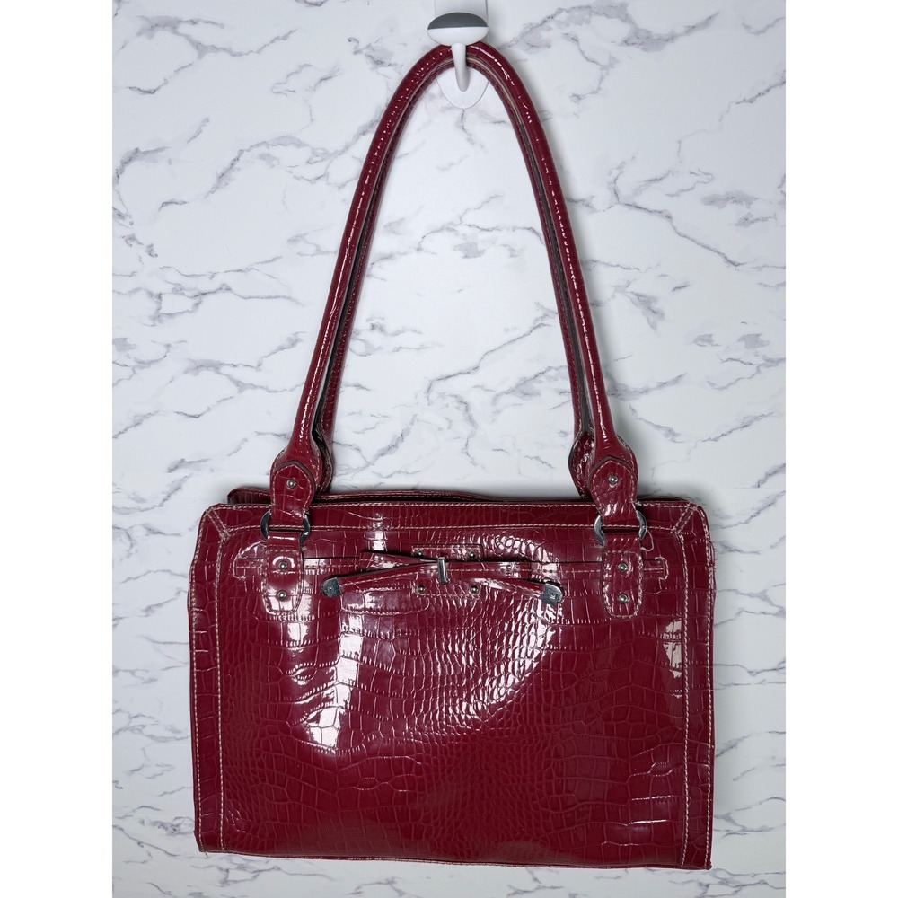 Liz Claiborne Shoulder Bag Large Burgundy Croc Embossed Bow Detail Office Siren